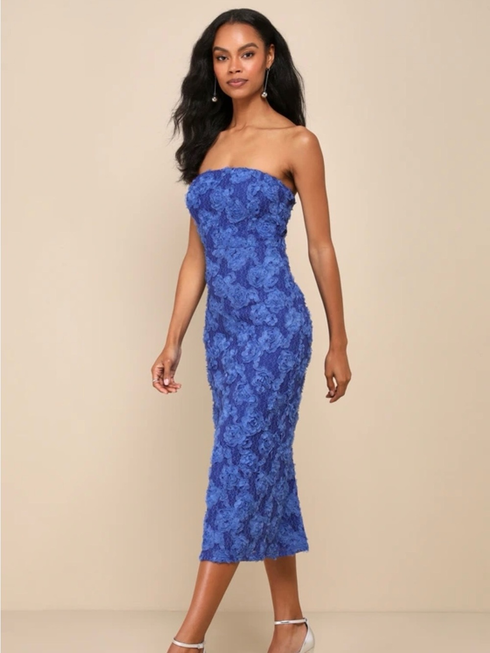 Elegant Blue Floral Lace Strapless Dress